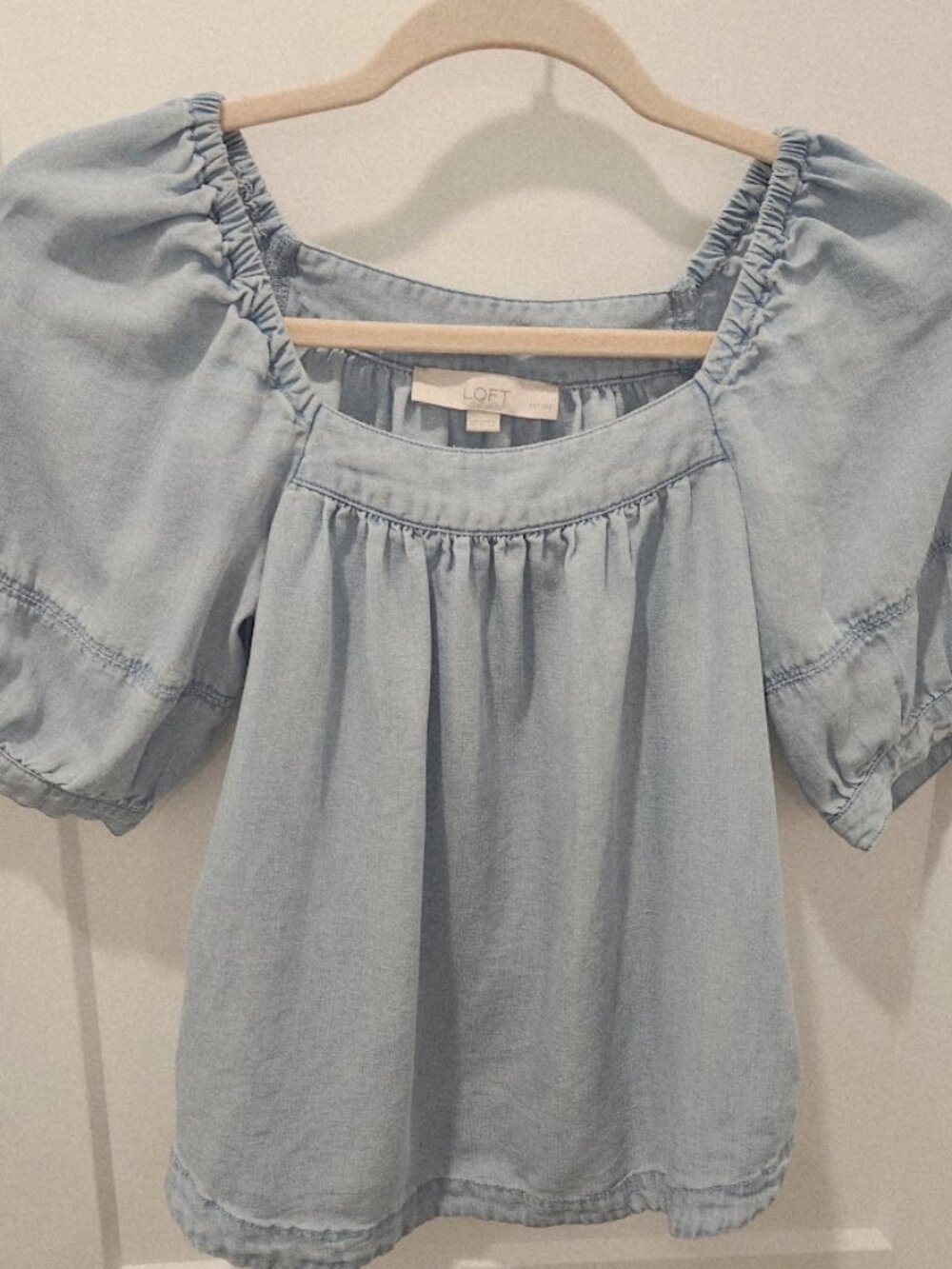 Puffed Sleeve Light Wash Denim Like Top